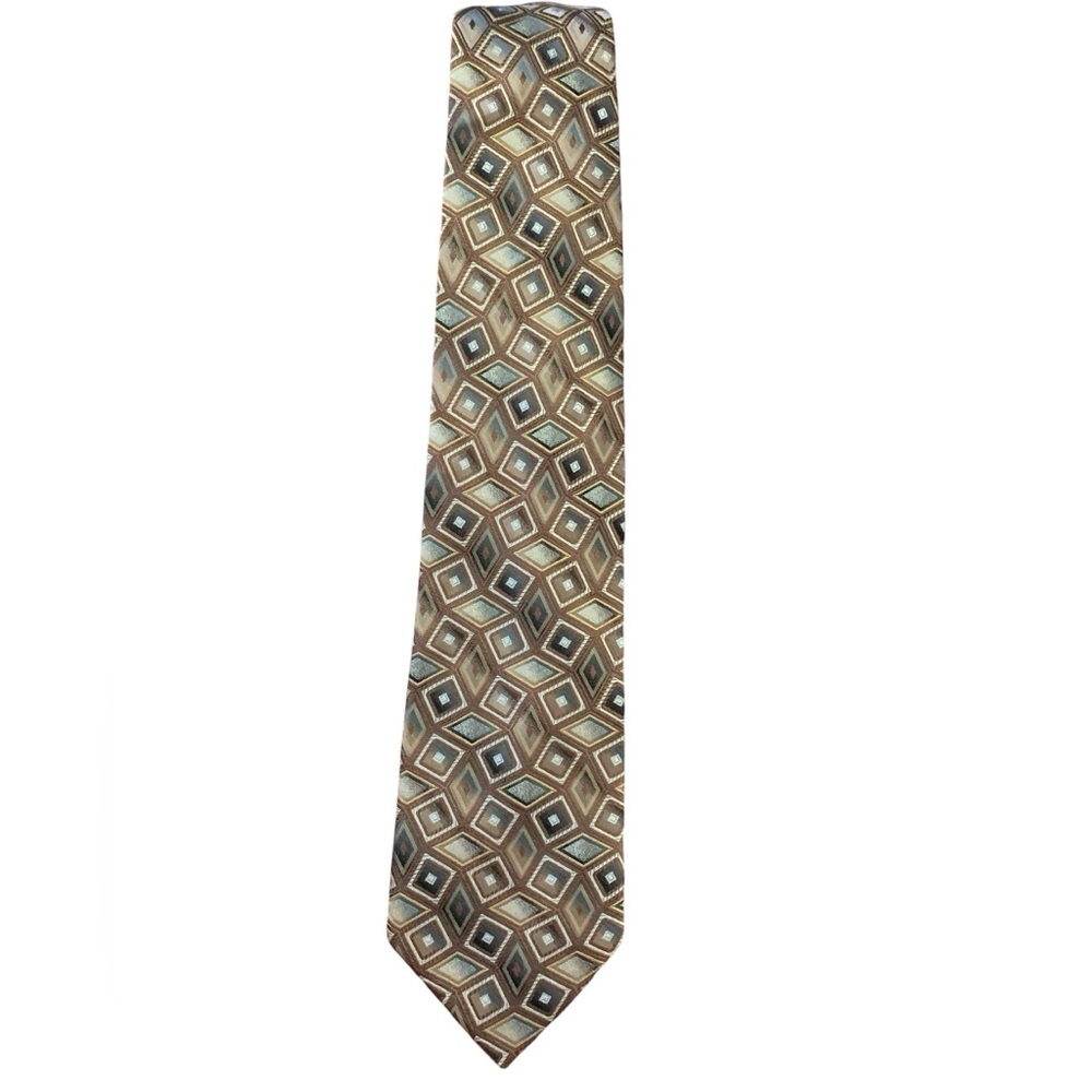 King size for big and tall men 100% silk tie. Gold & tan geometric print. EUC